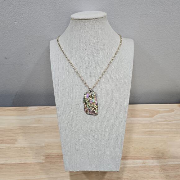 Pink Green Abalone Mother of Pearl Shell Pendant 24" Chain Necklace Beachcore - Picture 2 of 16